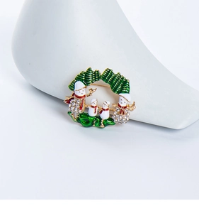 Detail of Christmas snowman wreath brooch with colorful enamel and sparkling rhinestones