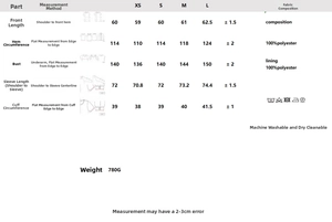 Size chart for hooded cape jacket detailing bust, length, and sleeve measurements in centimeters