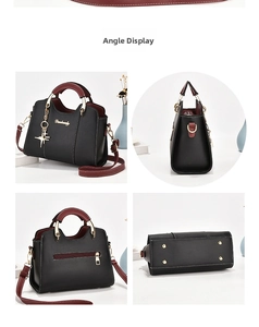 Detailed views of black and wine red handbag with gold hardware and star pendant charms