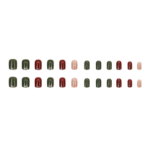 Press-on nail set with 24 pieces in dark green and burgundy red with silver foil accents