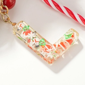 Christmas letter L resin keychain with snowman and tree flakes for bag decoration