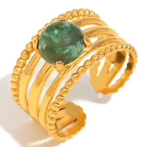 French vintage 18K gold plated stainless steel multi-layer ring with green emerald stone