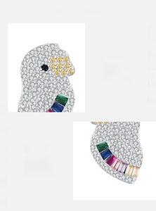 Macro detail of parrot earring with 925 silver base and colorful handset gemstones