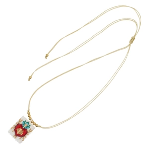 Handmade woven heart pendant necklace with red seed beads and adjustable beige cord