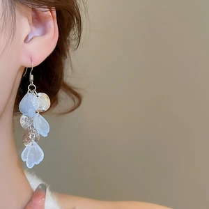 Close-up of shell disc tassel earrings worn to show the elegant beach vacation style