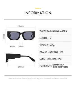 Detailed size chart of square black sunglasses showing frame width and lens height