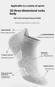 Detail view of grey athletic socks featuring 3D arch support and Y-heel construction