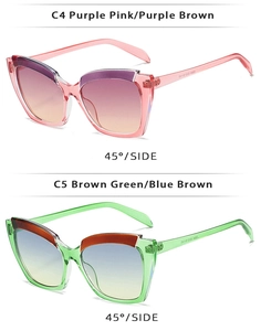 Detail view of cat eye sunglasses showing gradient purple and blue color options