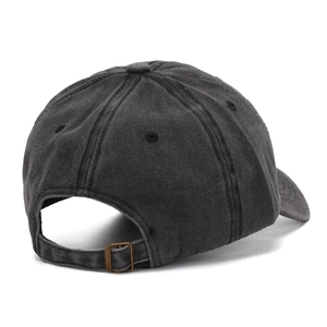 Detail of washed dark gray baseball cap showing adjustable strap and metal buckle