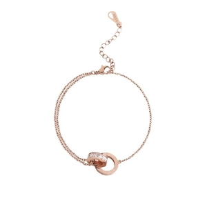 Bracelet double chaîne en acier rose doré avec anneaux entrelacés sertis et chiffres romains