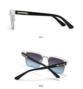 Side and back view of square sunglasses with black frame and blue gradient lenses