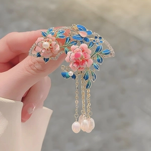 Exquisite gold metal fan brooch featuring pink enamel flowers and pearl fringe details