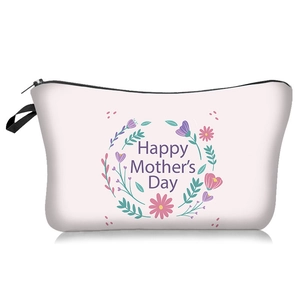 Detail of Happy Mother's Day floral print and black zipper on portable makeup bag