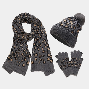 Detail of grey leopard print winter set showing beanie pompom and touchscreen gloves