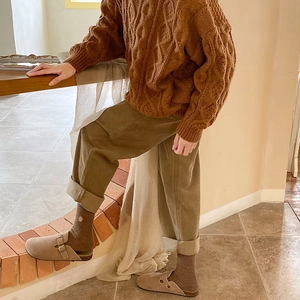 Detailed texture of khaki cable knit sweater and brown corduroy pants for children