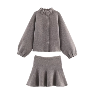 Women's knitted bomber jacket and A-line skirt two-piece set in elegant taupe color