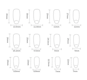 Detailed size chart for long ballerina fake nails with twelve specific width and length measurements