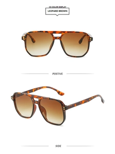 Detail view of leopard brown aviator sunglasses with gradient lenses and metal hinges