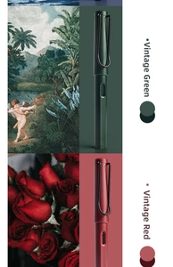 Détails des stylos Morandi en rouge et vert vintage avec fenêtre de niveau d'encre