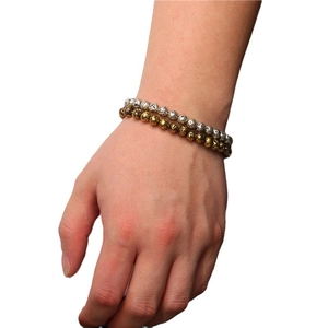 Set of 6mm natural red agate and lava stone elastic bead bracelets in gold and silver finish