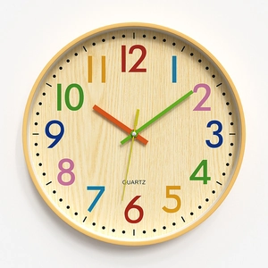 12-inch round bamboo wall clock with colorful numerals and three-color quartz hands