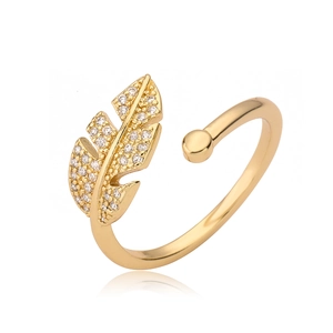 Elegant 18K gold plated feather open ring with sparkling cubic zirconia stones