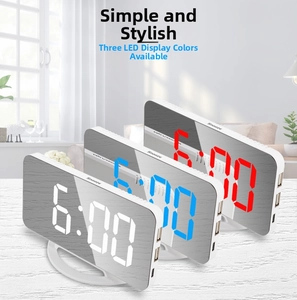 Mirror digital alarm clock detail showing white blue and red LED display options