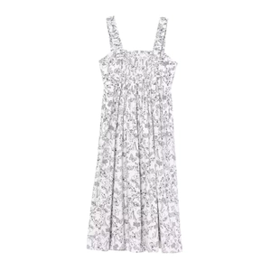 Floral A-line summer dress with black butterfly print and smocked square neck bodice