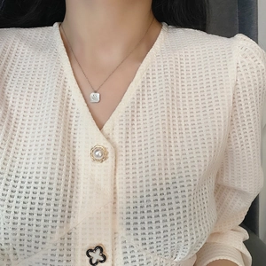 Minimalist titanium steel necklace with square shell smiley face pendant for women