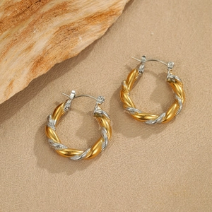 Two-tone gold and silver twisted rope hoop earrings in high-quality stainless steel