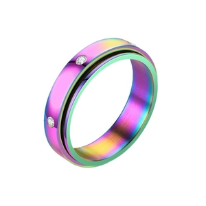 Rainbow stainless steel spinner ring with sparkling stones for stress relief