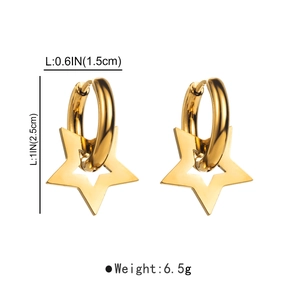 Detailed view of gold star dangle earrings with 2.5cm length and 1.5cm width dimensions