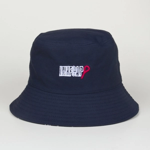 Classic dark blue cotton bucket hat with white IMFCAP embroidery in a minimalist style