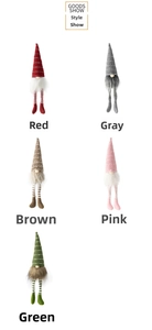 Detail view of five Christmas gnomes with sequined knit hats and long striped legs