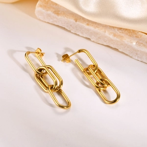 Chic 18K gold plated stainless steel triple link chain earrings for women jewelry
