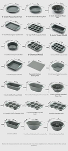 Detailed grid of non-stick baking pans with blue silicone handles including muffin trays