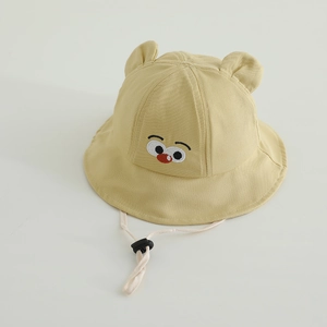 Close-up of baby bucket hat with 3D ears, cartoon embroidery and adjustable strap