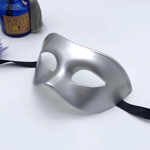 Silver vintage half-face masquerade mask with matte metallic finish and black strap