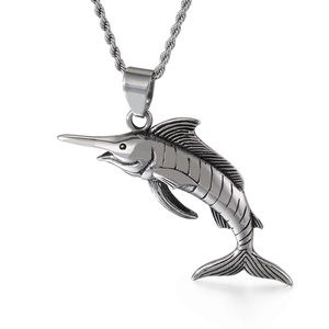 Polished stainless steel swordfish pendant necklace with a twisted rope chain