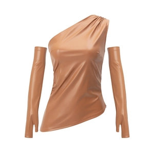 Brown PU leather one-shoulder crop top set with matching detachable long sleeves