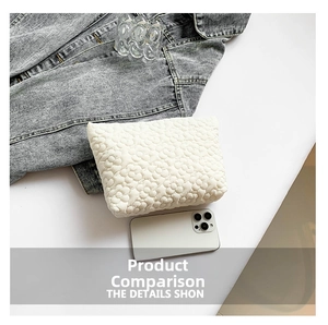 Quilted white floral handbag with smartphone for size comparison on a clean white surface