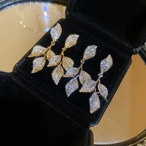 Leaf Shape Tassel Drop Earrings With Zircon Inlay Copper Base And 925 Sterling Silver Earring Post French Vintage Style