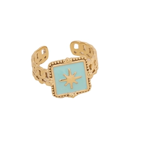 Golden stainless steel adjustable ring with blue enamel starburst and vintage hollow band