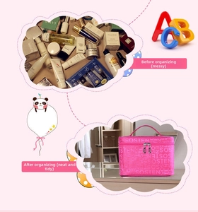 Pink satin cosmetic bag showing before and after organization with large capacity storage