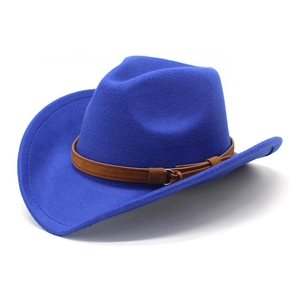 Close-up of royal blue felt cowboy hat with brown leather band and metal buckle detail