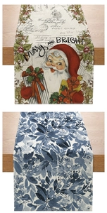 Detail of Christmas table runner with Santa Claus and winter botanical prints on linen fabric