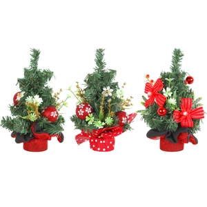 Set of three mini Christmas trees with red berries and pine needles for table decor