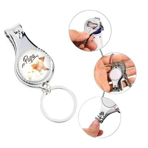 Detail view of silver Papa bear nail clipper keychain with bottle opener and ring functions