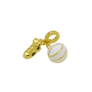 Detail of a golden sneaker and white basketball charm with inlaid sparkling gemstones