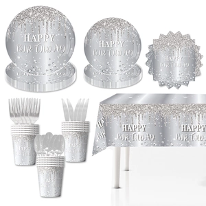 Silver diamond theme birthday tableware set including plates, cups and napkins